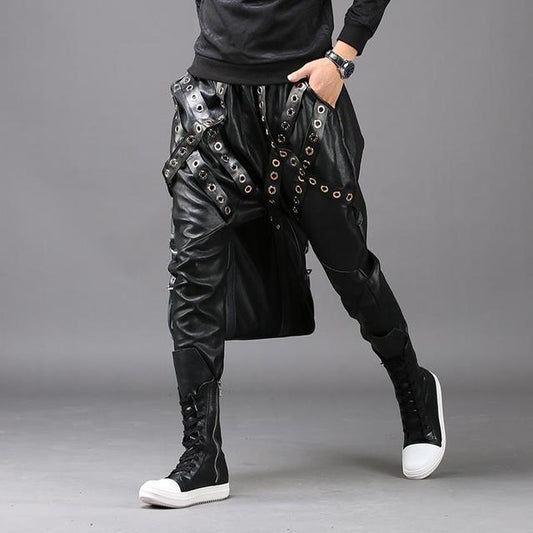 Men's Fashion Black Joggers Tight Youth Harem Pants Men Slim Korean Motorcycle Leather Pants Pu Autumn Winter Rivets Trousers